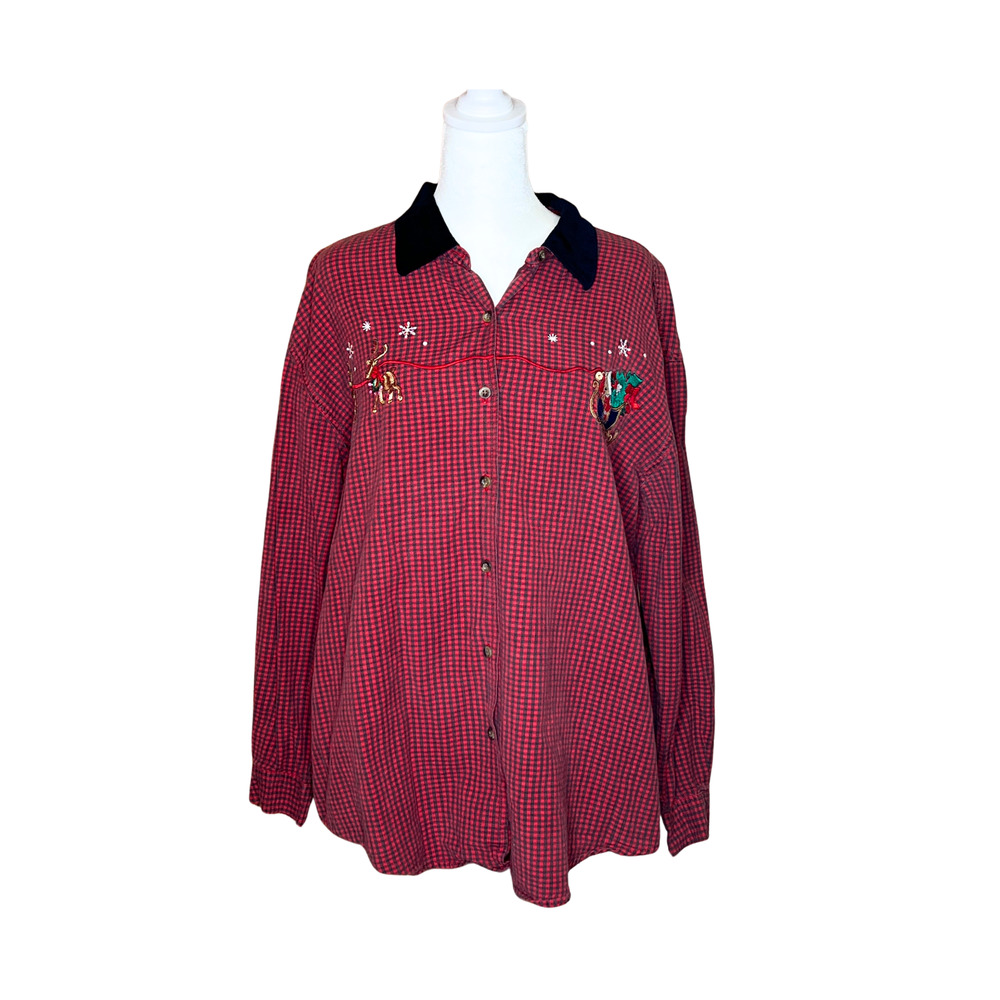 Vtg Nutcracker Christmas Shirt XL Plaid Embroidered Velvet Collar Teacher Retro